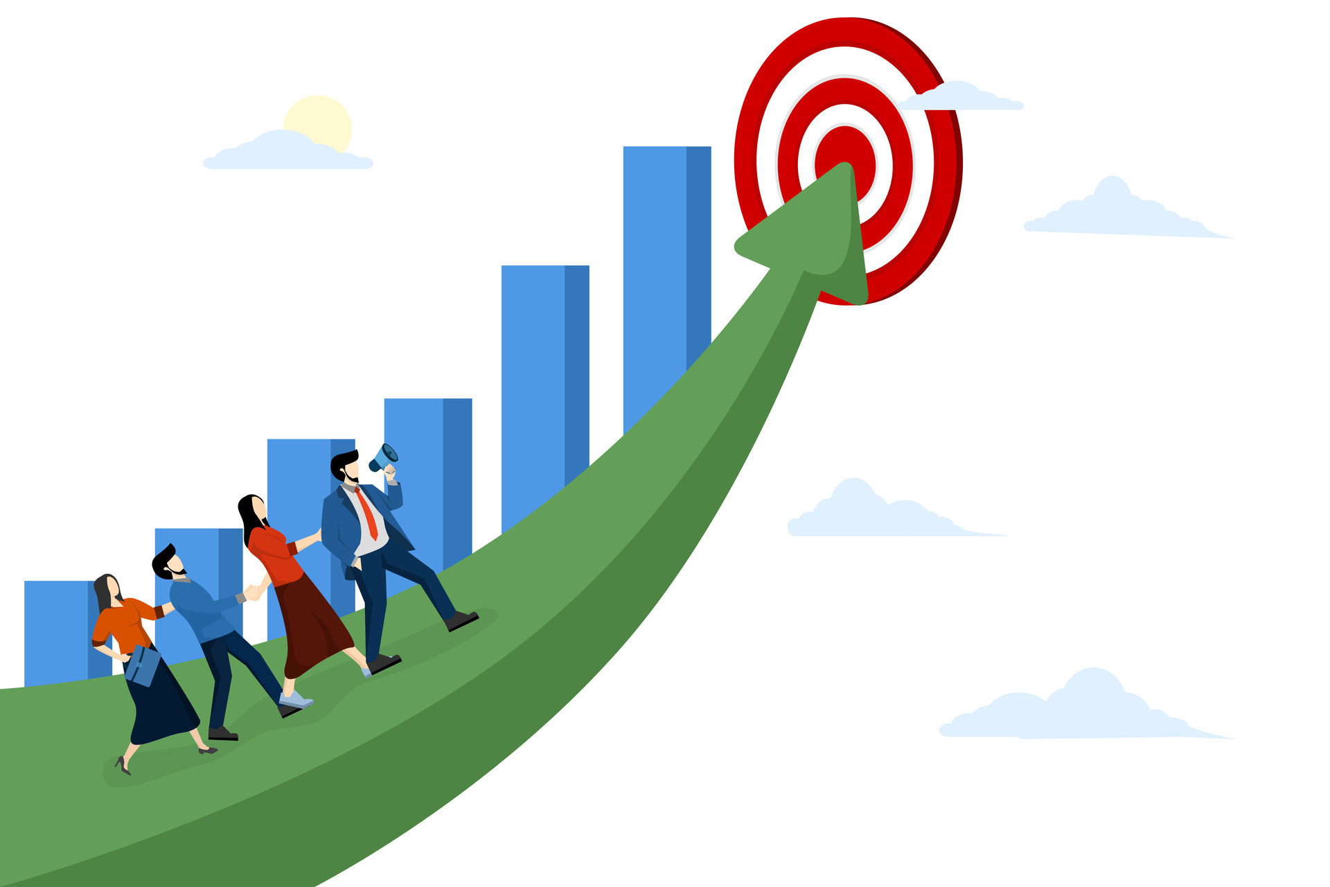 the-concept-of-leadership-vision-and-mission-to-achieve-goals-people-go-team-one-after-another-for-their-goals-to-increase-motivation-the-path-to-the-goal-flat-illustration-vector